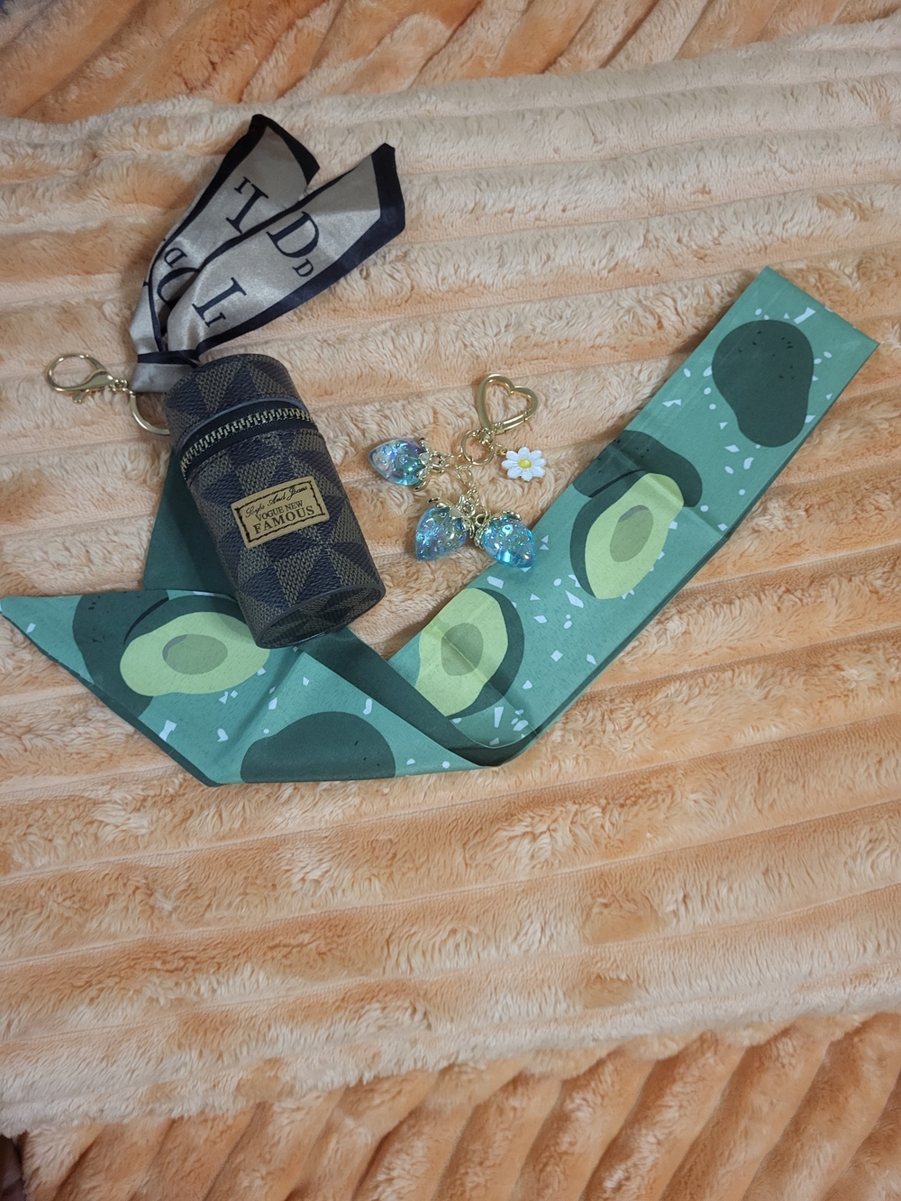Avocado Print Twilly Scarf with Key Pouch & Green Strawberry Bag Charm Nwt